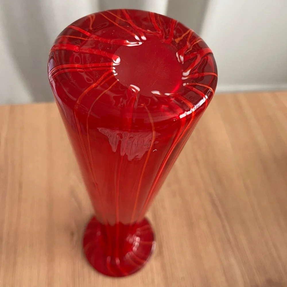 Tall Modern Red Vase Flat Top Tall Art Glass Handblown Pontil mark, Crate&Barrel
